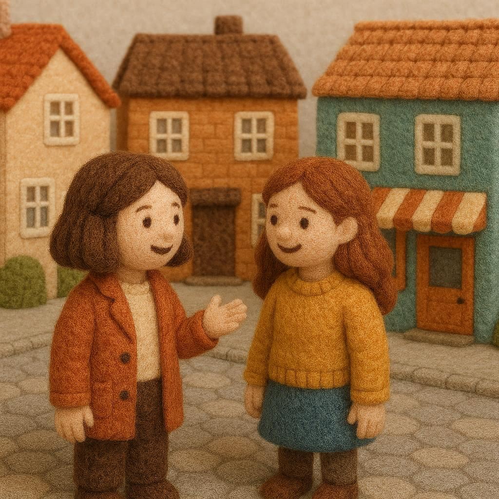Two female friends made of soft felt stand in a small town center, having a warm, friendly chat. The scene features tiny handcrafted buildings, stitched windows, felt cobblestones, and colorful shopfronts. Their felt hair and clothing have gentle stitched details, and the atmosphere feels cozy and handmade. Soft, even lighting and a calm, welcoming mood define the scene.